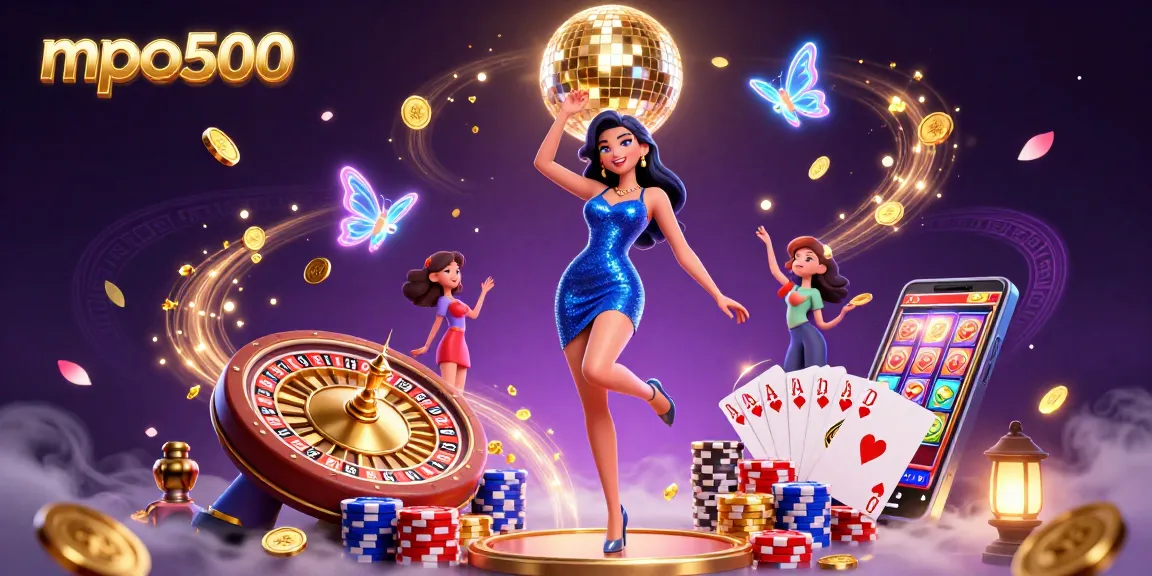 Experience the vibrant action of mpo500 with a glamorous dancer surrounded by cascading coins and neon sparks.
