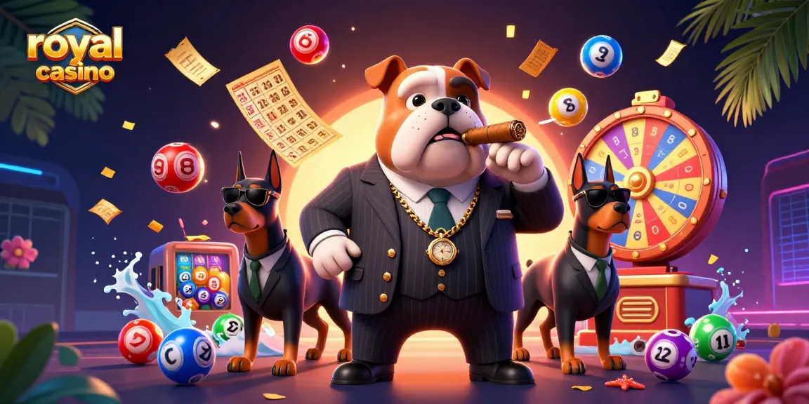 Win big with royal casino as a bulldog boss and bodyguards rejoice among colorful gaming elements.