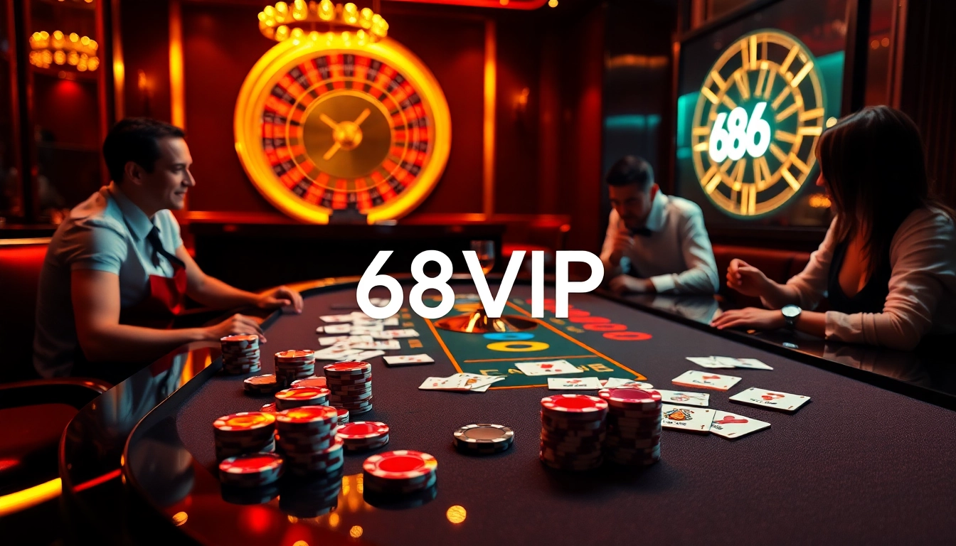 Experience the excitement of 68VIP online betting with vibrant casino tables and engaging gamblers.