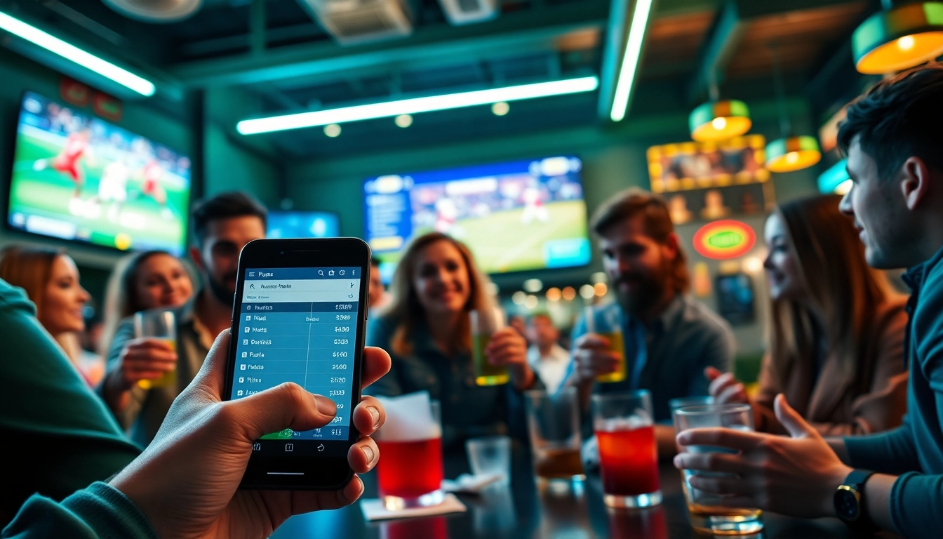 Engage in online Betting at a lively sports bar with friends surrounded by betting slips and odds on screen.