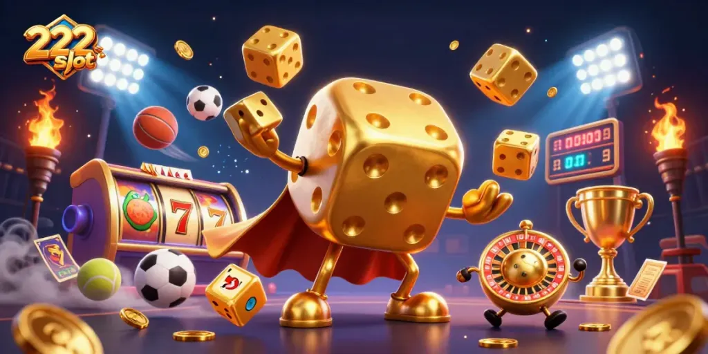 Menangkan permainan slot dengan 222slot menggunakan dadu emas dan simbol jackpot yang cerah.