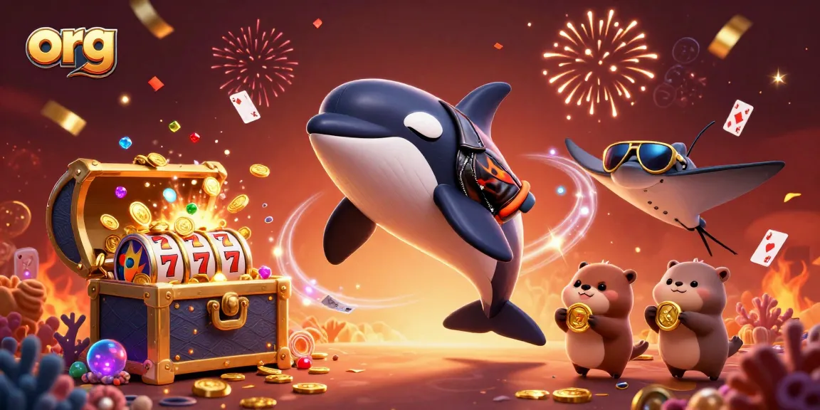Join the excitement at org: a dynamic 3D scene of casino-themed sea creatures celebrating victories.