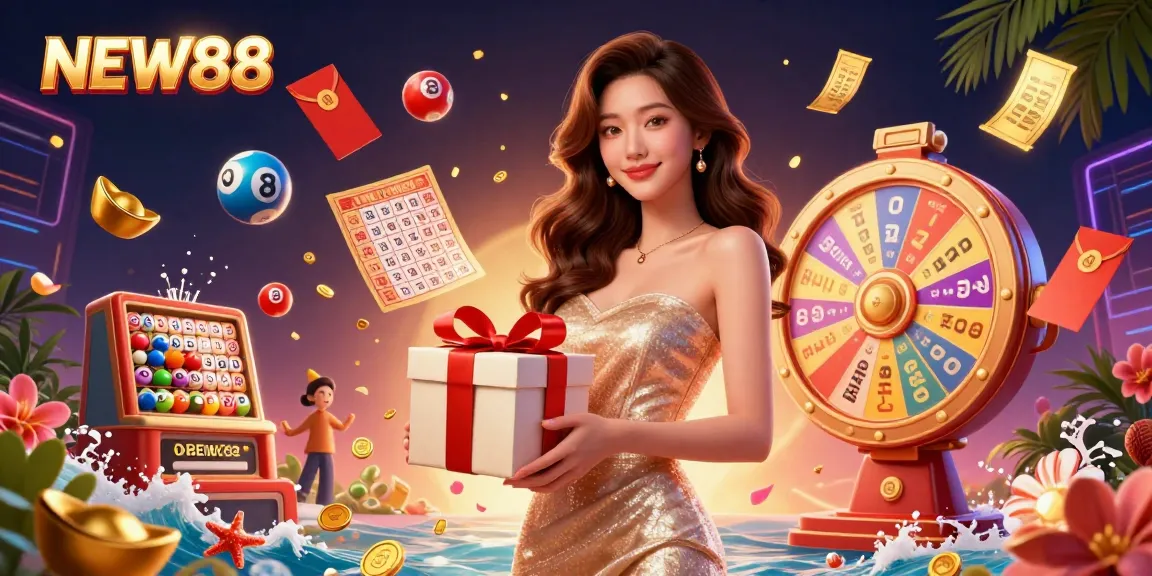 Join the excitement of NEW88, featuring festive casino elements like golden coins and vibrant lottery balls.