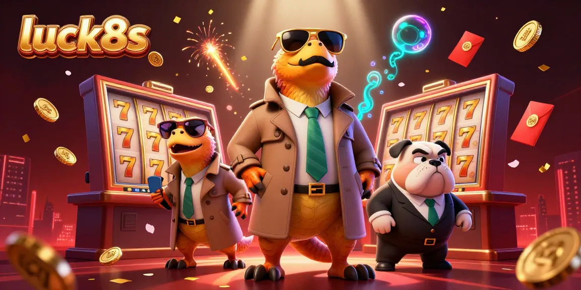 Join the fun at luck8s with cartoon raptors sneaking into a VIP casino, surrounded by slot games and festive decorations.