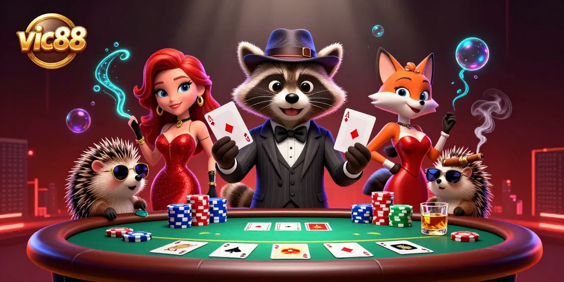 Experience thrilling poker excitement with vic88 showcased by a suave raccoon and elegant fox in a vibrant scene.