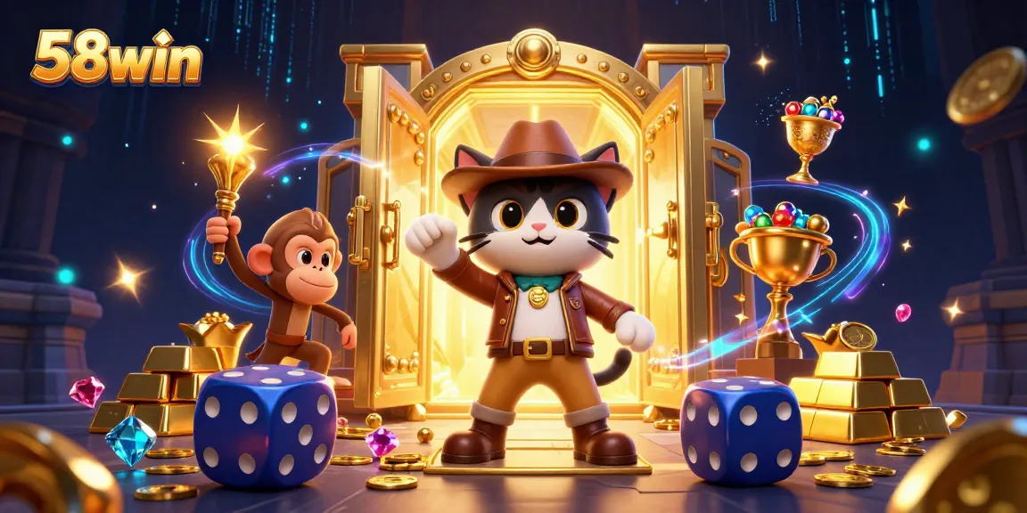 Engage with the thrill of 58win as an explorer cat discovers treasures in a dynamic casino scene.