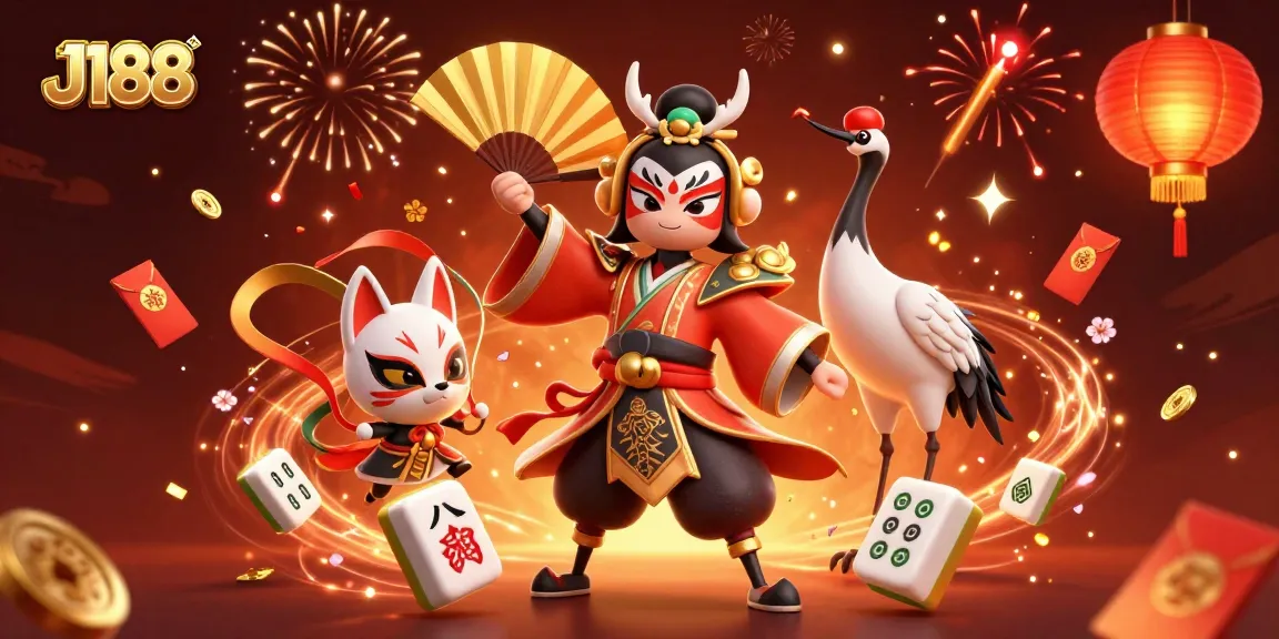 J188 offers exciting gaming experiences with vibrant 3D illustrations showcasing casino elements and characters.