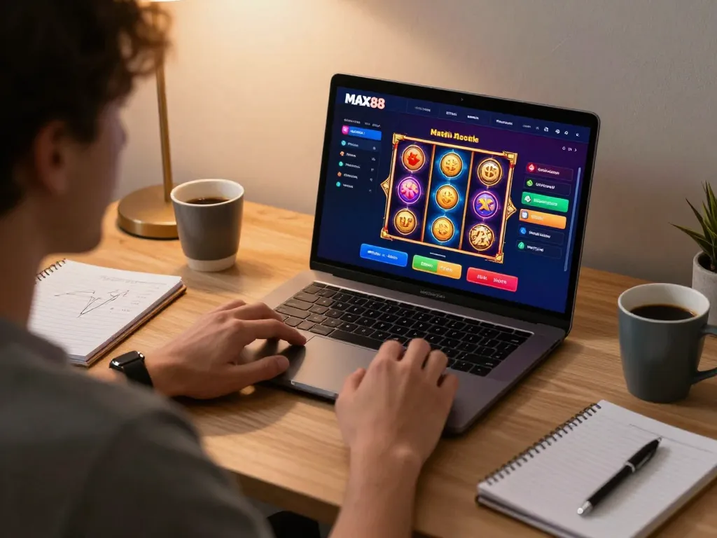 Player engaging with max88pro online casino slot games from a stylish home setup.