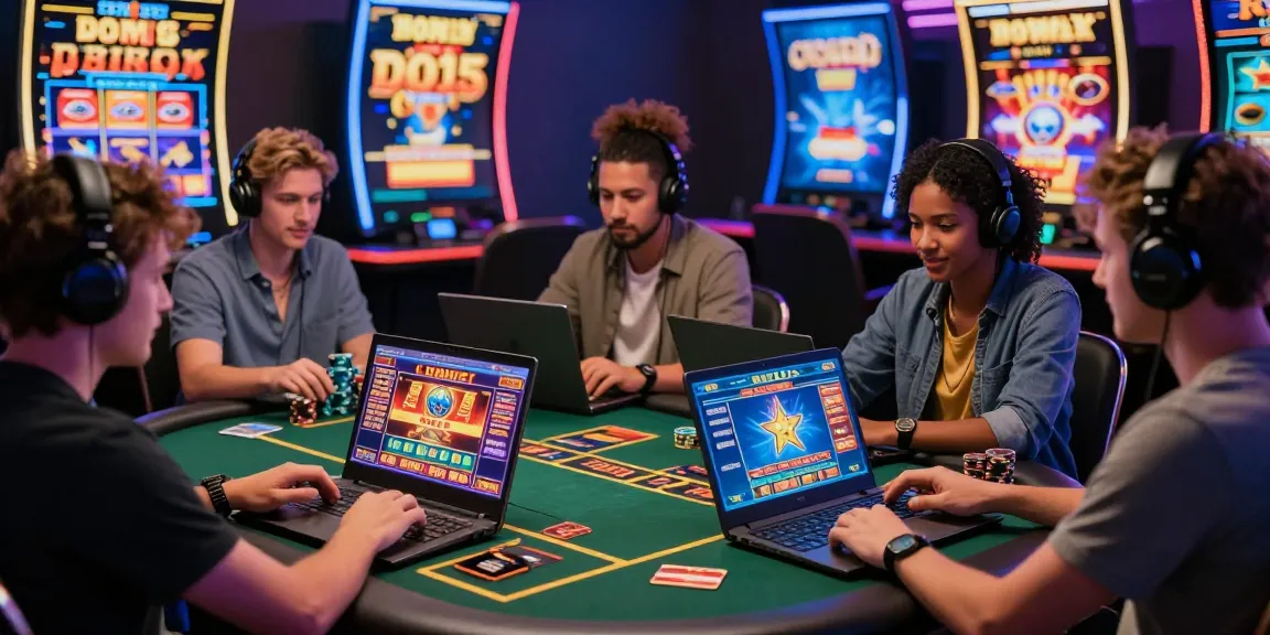 Engaging scene of players at credit card casinos enjoying diverse casino games on laptops and tablets, highlighting the vibrant online gaming experience.