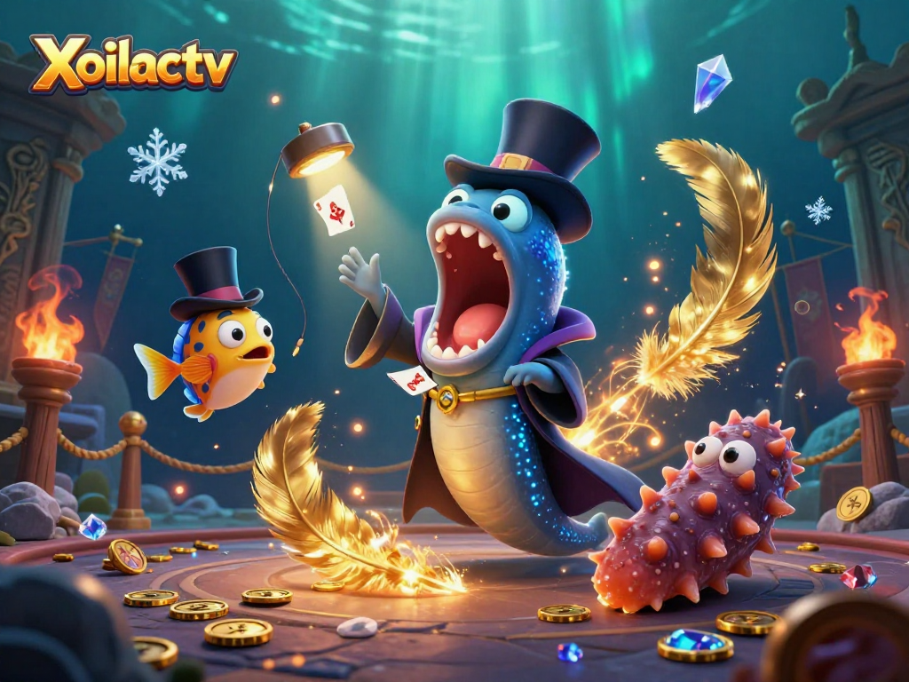 Xoilactv showcases a magical underwater card act with vibrant creatures and casino elements.