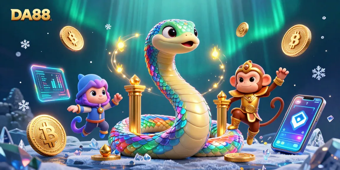 Engage your luck with DA88 in a vibrant casino setting showcasing lively characters amidst crypto elements.