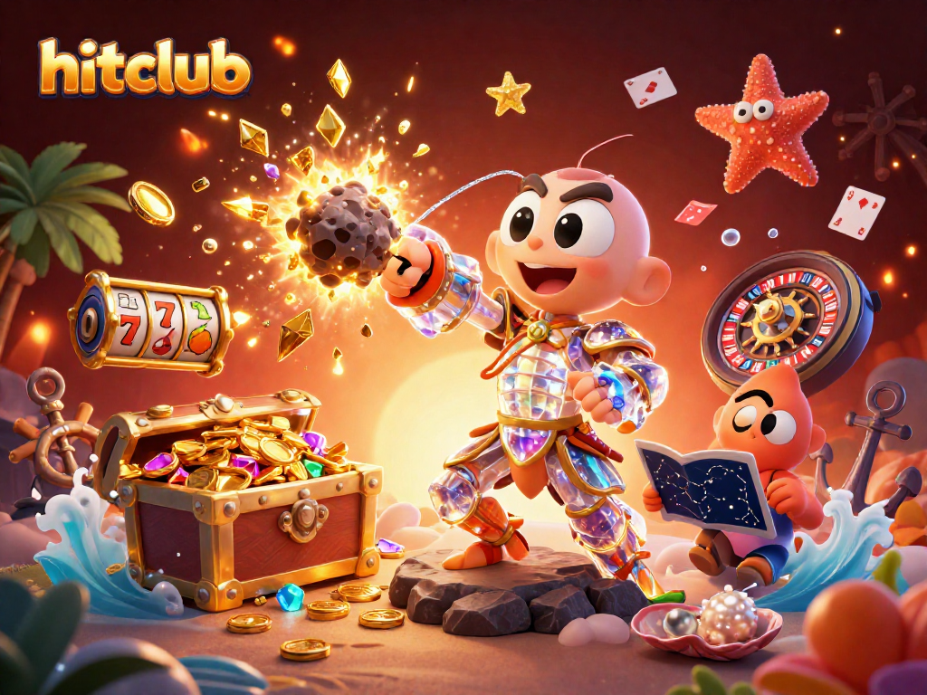Hitclub showcases a vibrant scene of a galactic samurai mantis shrimp winning big with golden gems and coins at an online casino.