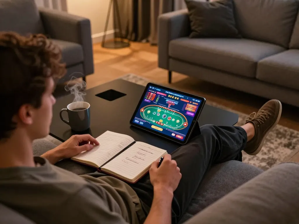 Player engaging in online gaming at home on nhacaiuytin platform, showcasing vibrant poker interface.