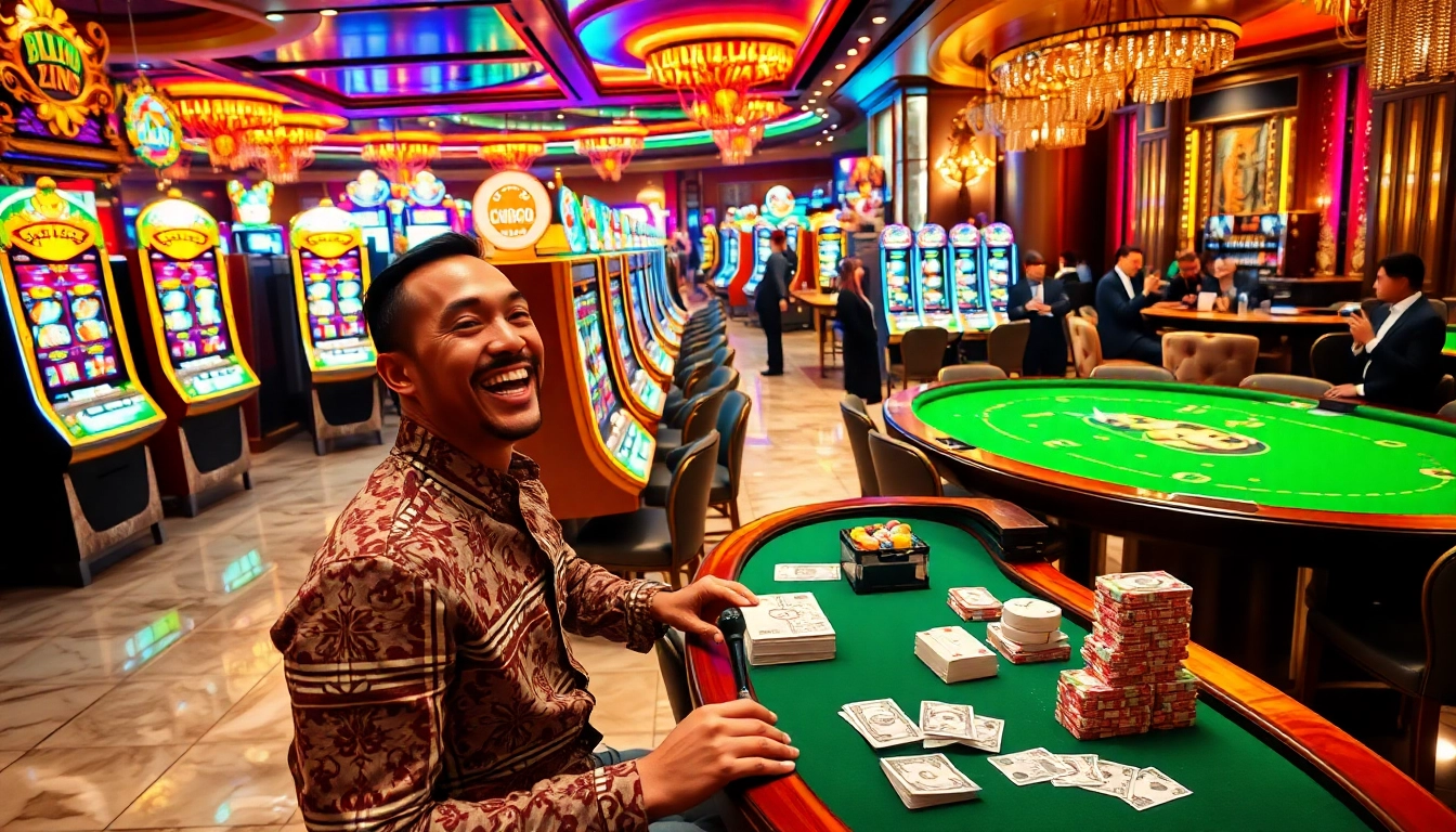 Player testing their luck on a slot machine surrounded by vibrant casino elements and excitement.