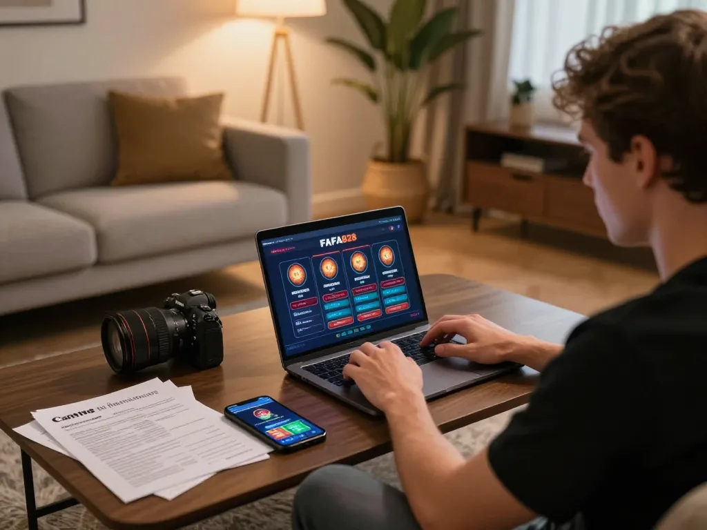 Player engaging with FAFA828 online casino on laptop, showcasing a home gaming setup.