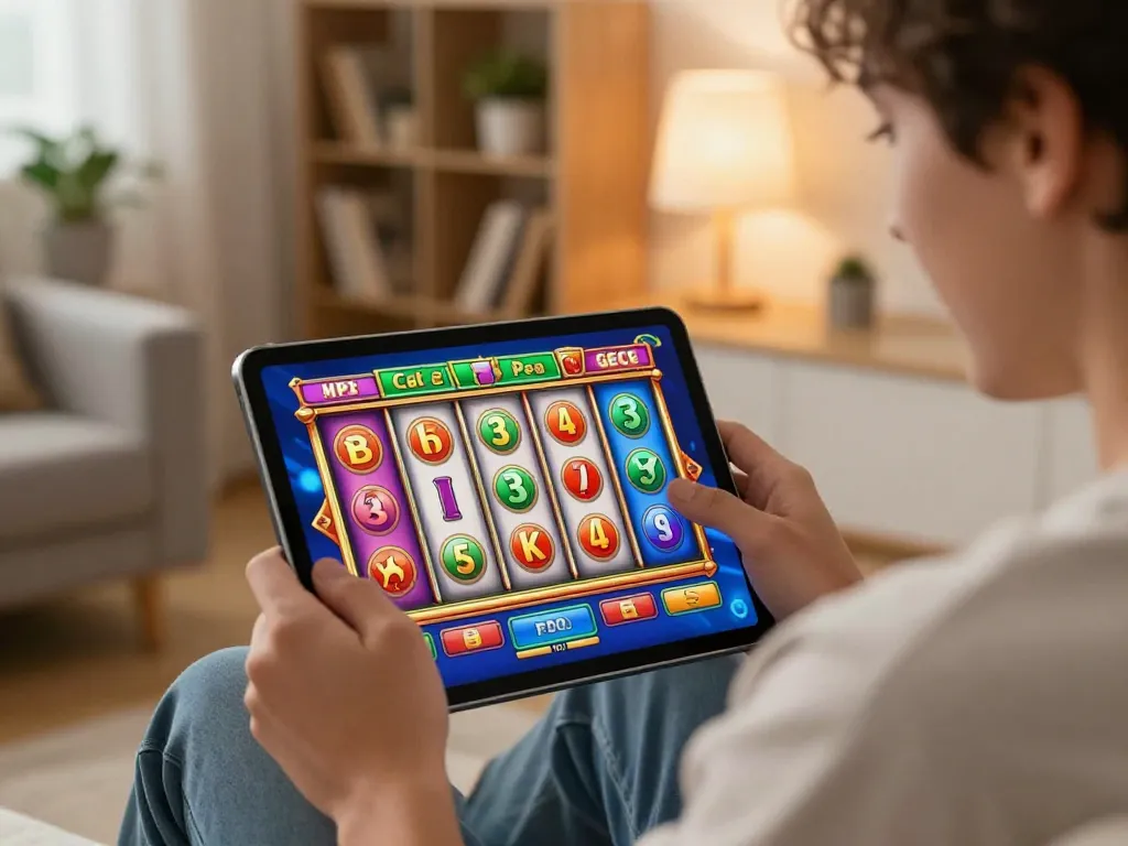 spinadvisor user enjoying an exciting slot game on a tablet in a cozy home setting