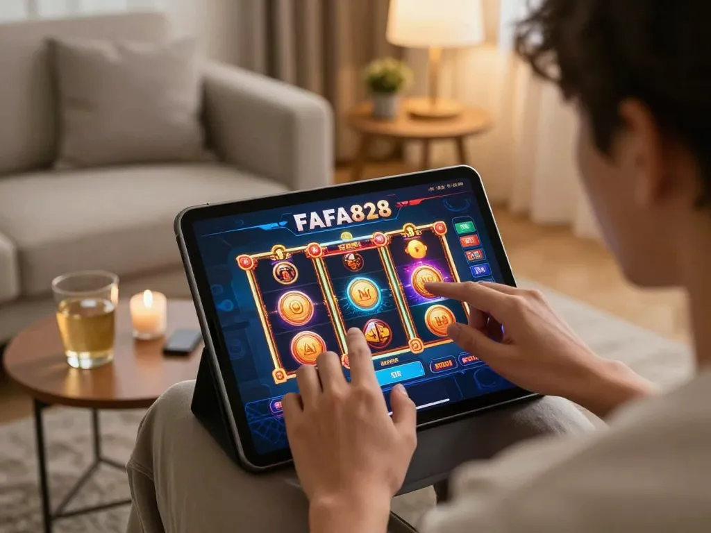 ผู้ใช้ FAFA828 ที่มีส่วนร่วมในเกมออนไลน์สล็อตบนแท็บเล็ตในบรรยากาศที่บ้านอันอบอุ่น