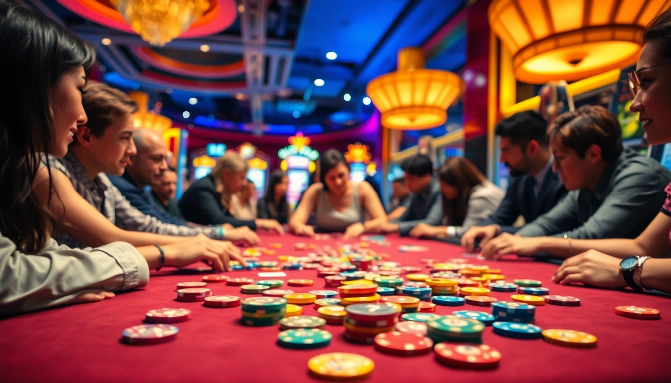 Spielen von casinospielen an einem lebhaften Casinotisch mit bunten Chips und Karten.