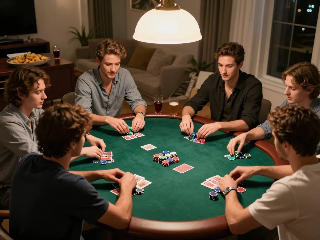 Players engaging in a friendly poker game during a cozy home night, showcasing F8BET spirit of social gambling.