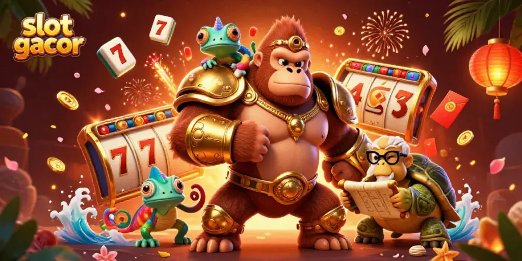 Experience the excitement of slot gacor with a powerful gorilla in golden armor, unveiling colorful gambling elements.