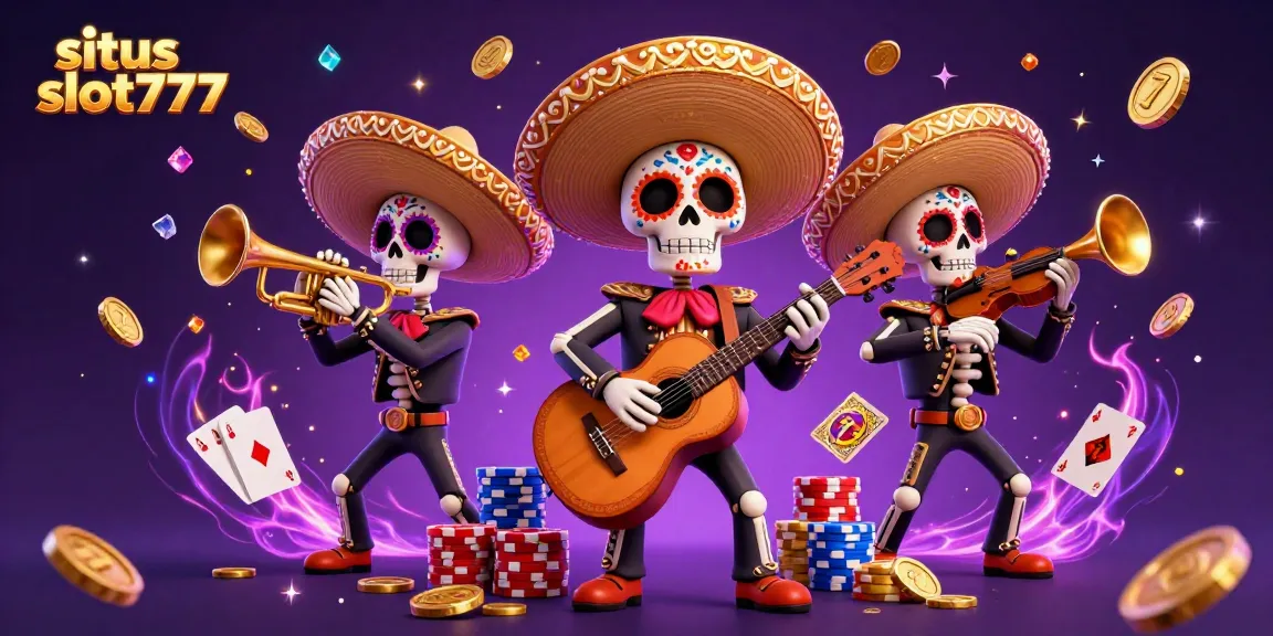 Situs slot777 showcases a vibrant mariachi band amidst cascading coins and slot games.