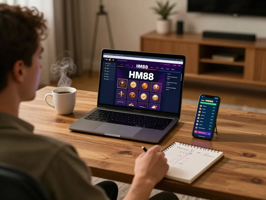 Engaging in a riveting game on HM88 com, featuring a sleek laptop and strategic betting notes