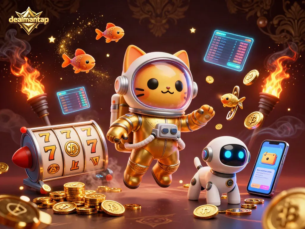 Engage with the dealmantap gaming universe featuring a golden astronaut cat and slot reels in a dynamic scene.
