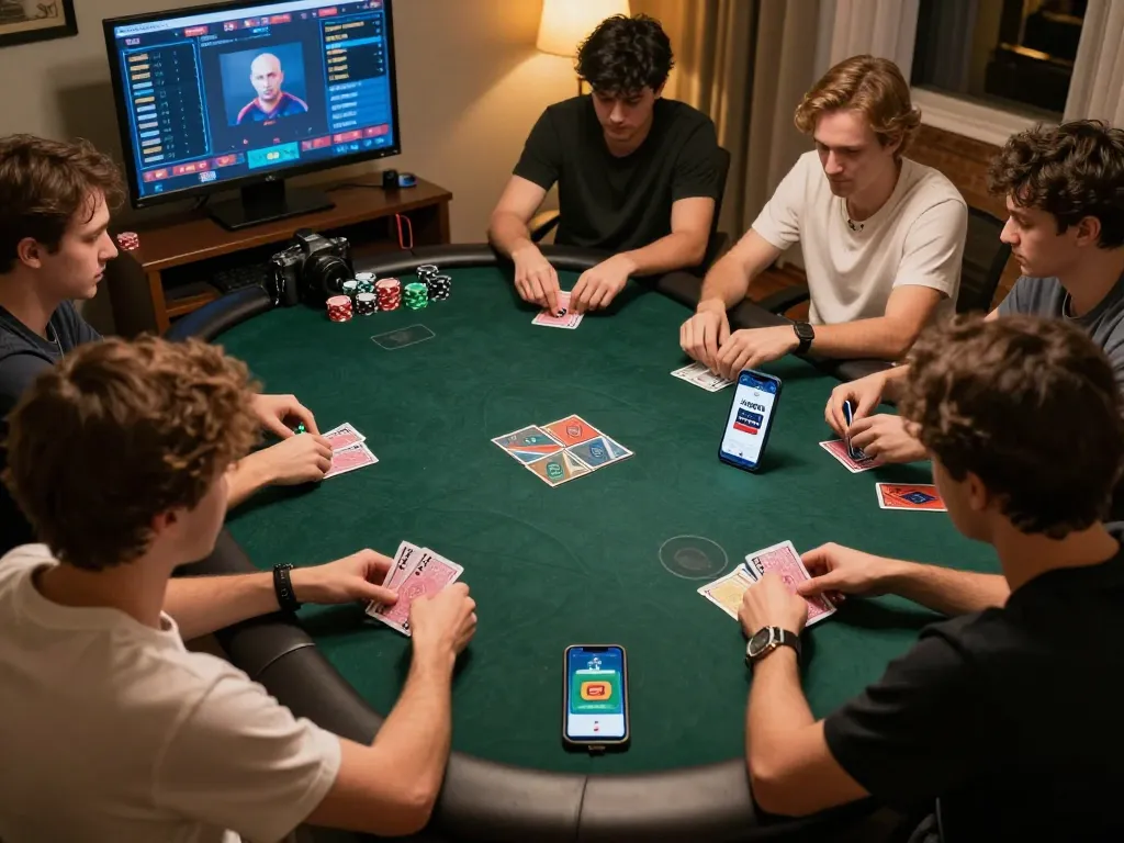 Players intensely competing in an online poker game at home using the Jun88 platform.