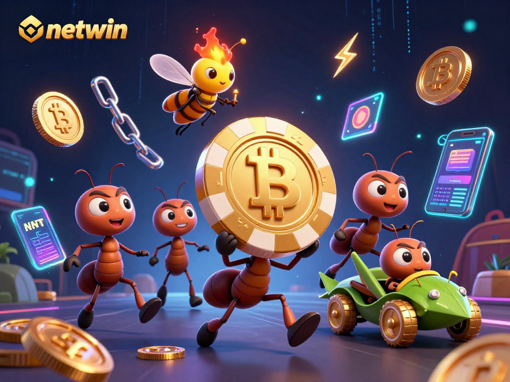 Experience the thrill of netwin with cartoon ants running a heist for a giant poker chip in a digital casino.