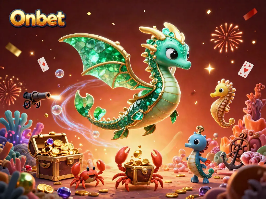 Experience thrilling adventures and jackpots with Onbet's animated casino scene featuring sea-themed characters and treasures.