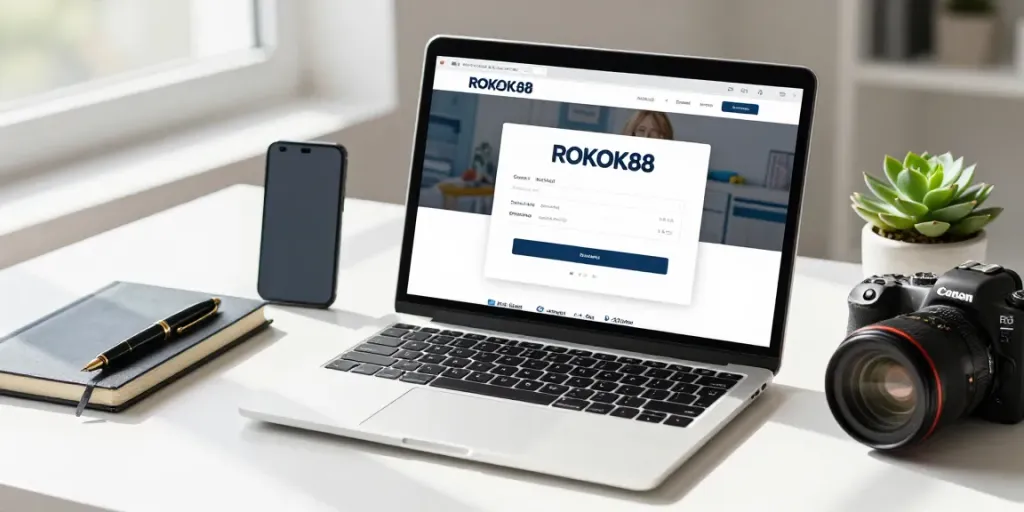 ROKOK88 login interface on a laptop on a bright workspace desk.
