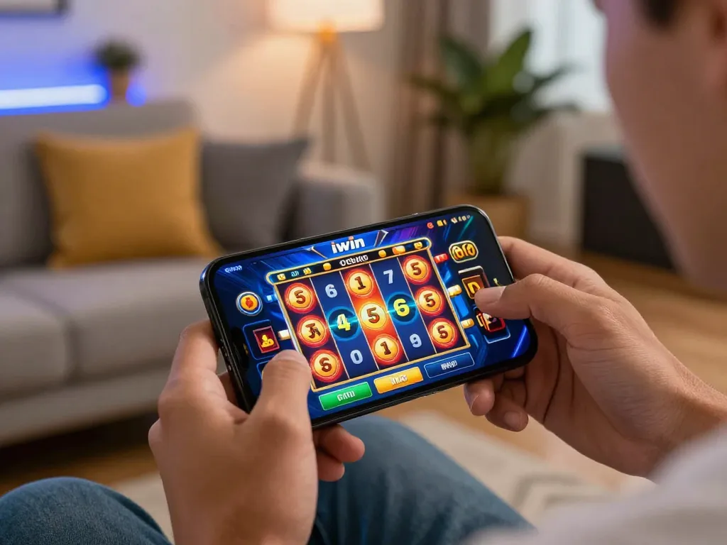 Excited player engaging with iwin casino app on smartphone, ready to spin slot machines