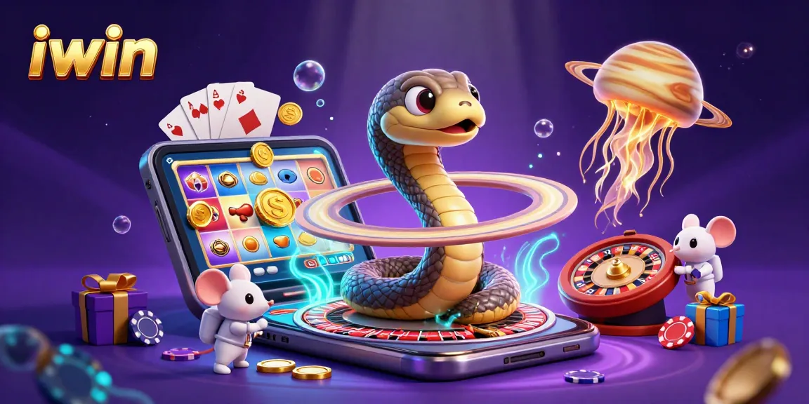 Spin and win with iwin as a Saturn ring snake roulette dealer in a colorful 3D casino scene.