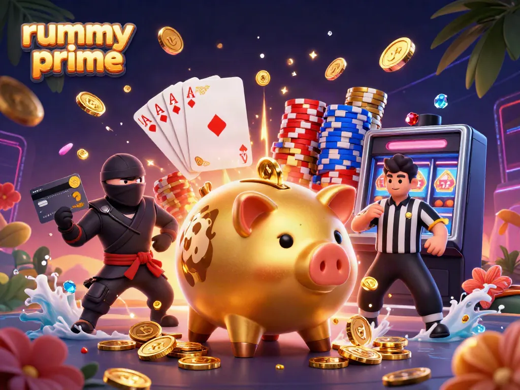 Join the fun at rummy prime as a cartoon sumo piggy bank engages in epic gameplay surrounded by treasure and vibrant elements.