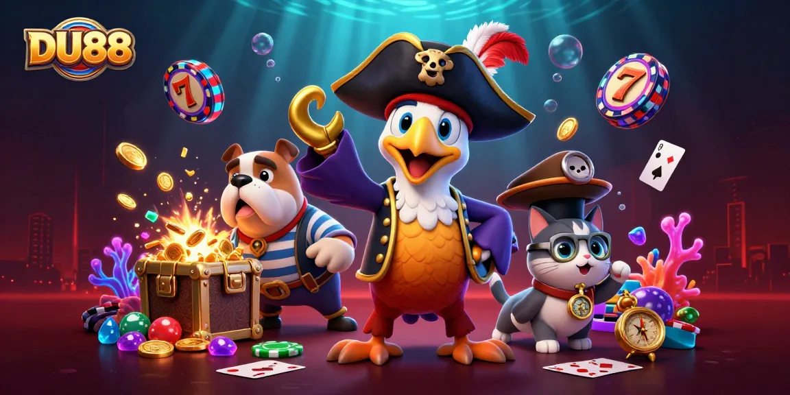 Engage in thrilling action at DU88 with a vibrant casino-themed illustration featuring lively characters and game elements.