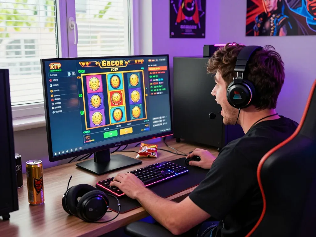 Player enjoying a slot gacor game on an engaging online gaming setup with vibrant graphics and accessories.