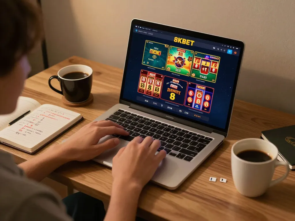 Engaging gameplay on the 8KBET platform from a cozy home setup, showcasing dynamic online casino gaming.