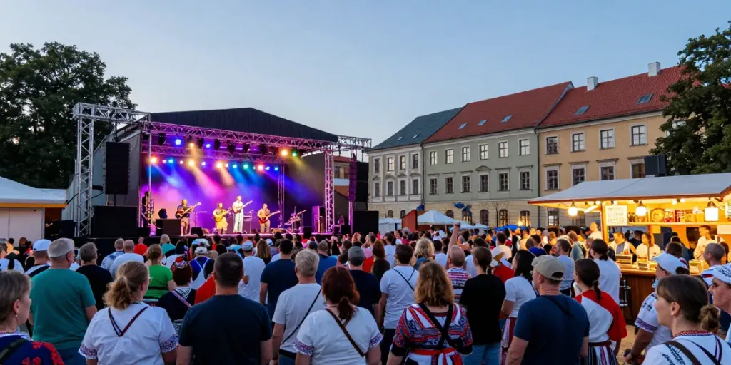 Cultural festival scene highlighting activities from the events guide Lithuania, with diverse crowds enjoying music and food.