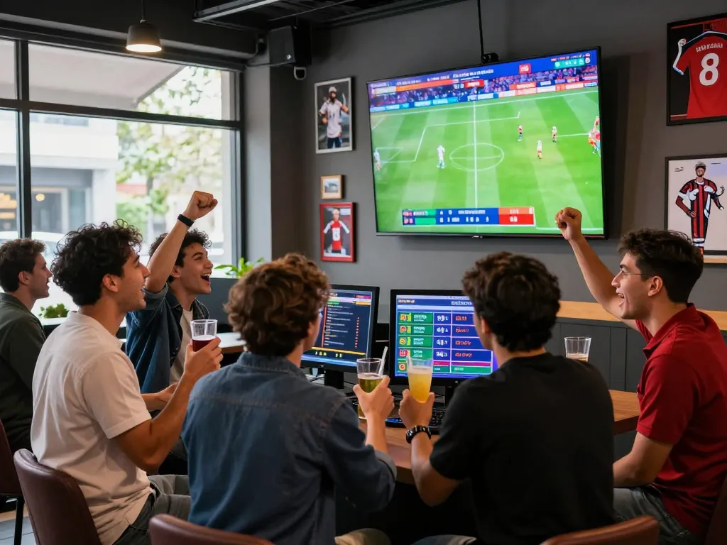 Teman-teman yang bersemangat menikmati pertandingan sepak bola langsung sambil bertaruh di sbobet piala dunia di lounge olahraga yang semarak.