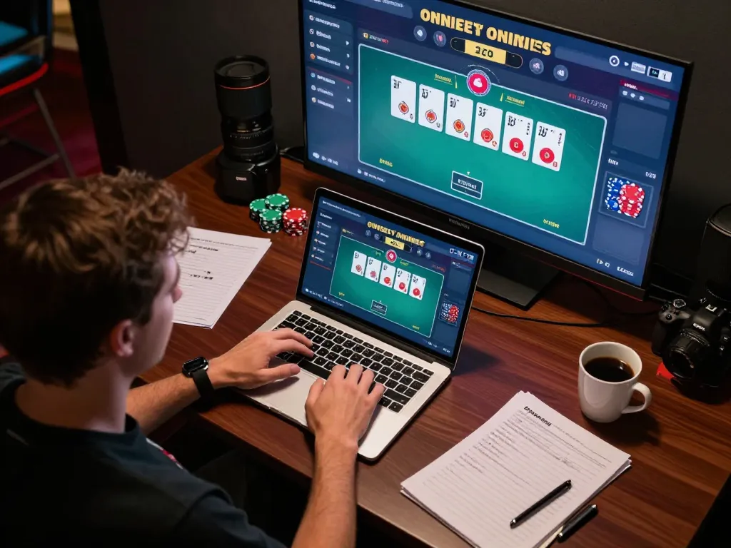 Engaging online poker gameplay interface on a laptop while using nk 88 for strategic betting movements.
