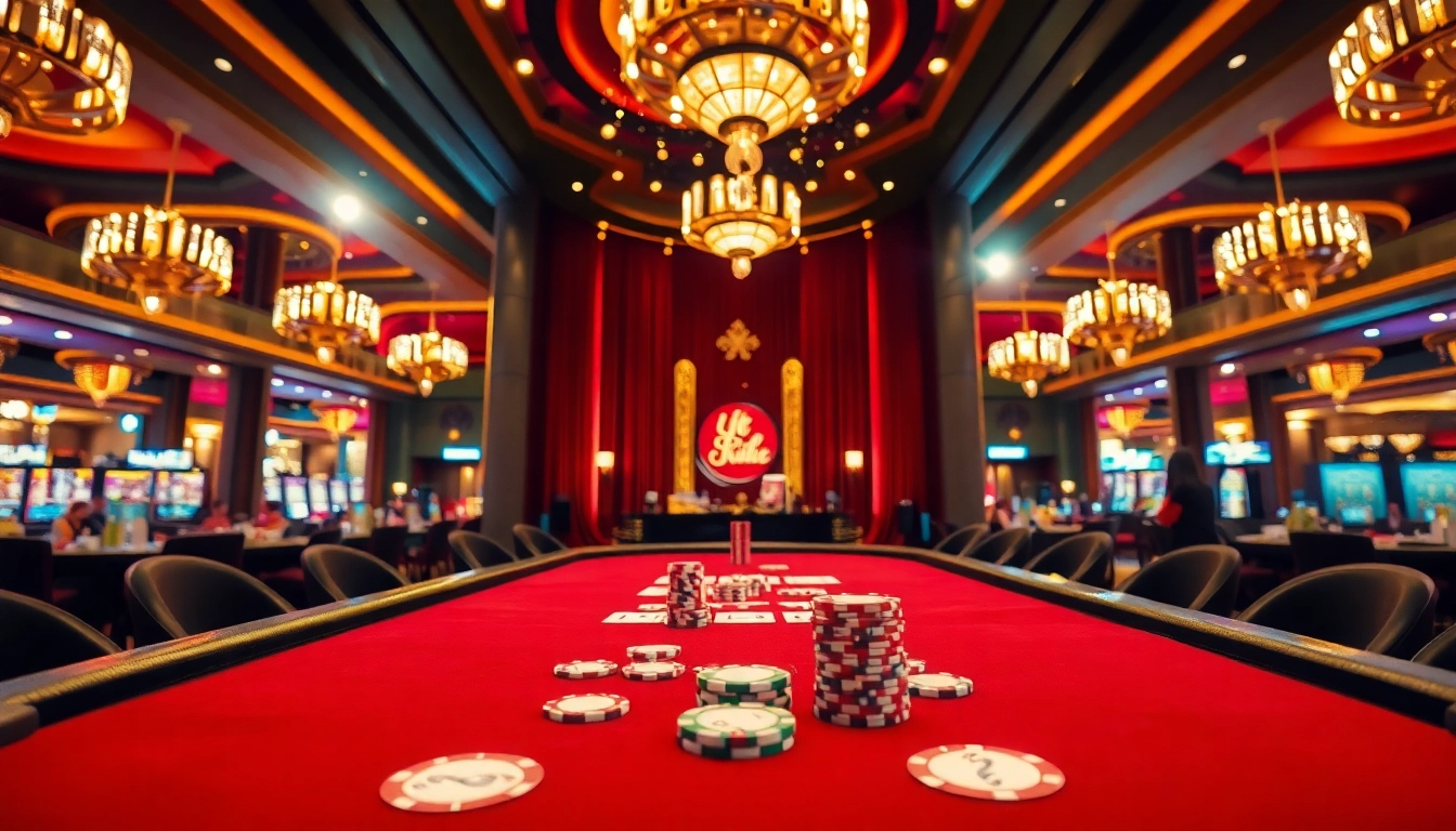 Experience lively Casino action at a stunning poker table with vibrant chips.