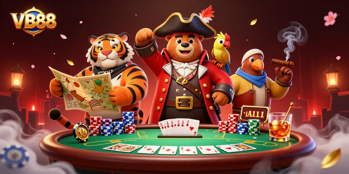 Join the adventure with VB88 at a dynamic poker table amidst an illustrated pirate theme.
