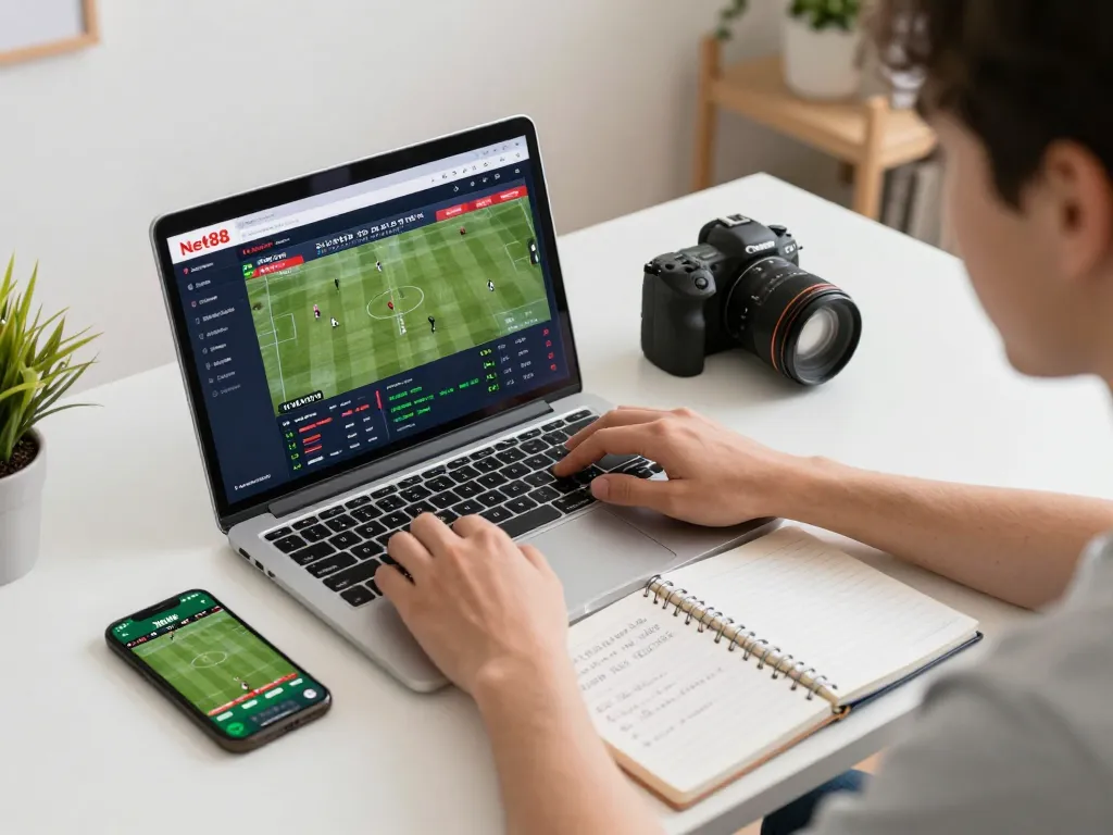 Person engaged in sports betting on Net88 platform with notes and smartphone in a vibrant home setting.