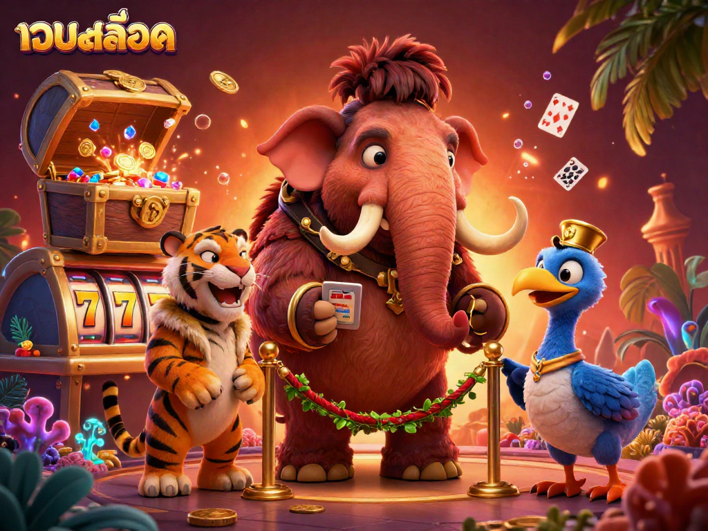 Experience thrilling เว็บสล็อต action with a vibrant, cartoonish casino scene featuring a woolly mammoth bouncer and more.