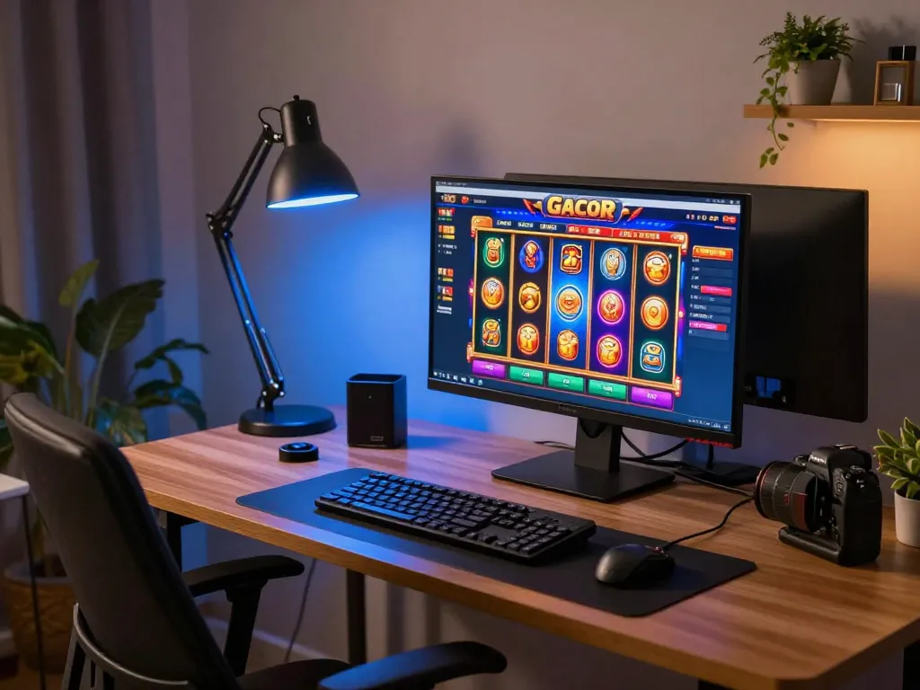 Engaging scene of home gaming setup for slot gacor gameplay on desktop computer, showing vibrant graphics and cozy atmosphere