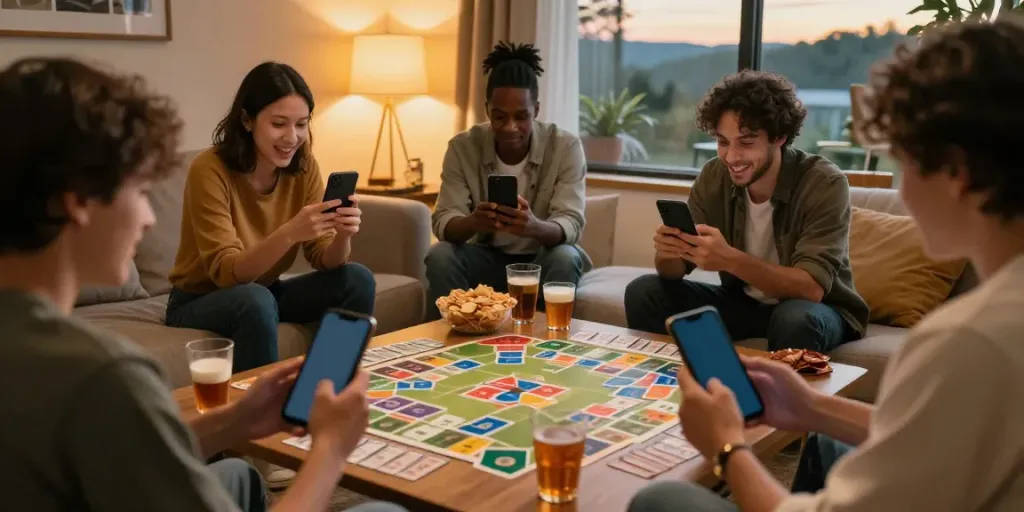 Players enjoying the rumble rummy game on their mobile devices in a cozy living room.