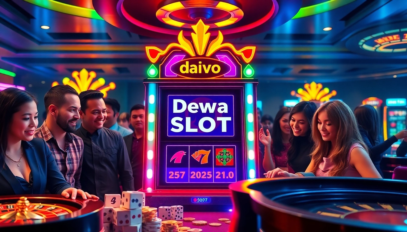 Engaging players at Dewa Slot machine amid vibrant casino atmosphere