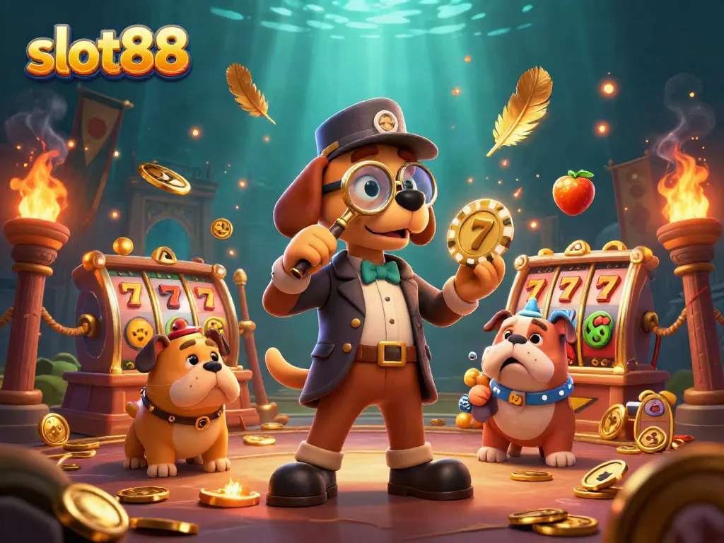 Menangkap momen permainan slot88 dengan detektif dan bulldog dalam ilustrasi 3D yang penuh aksi dan detail.