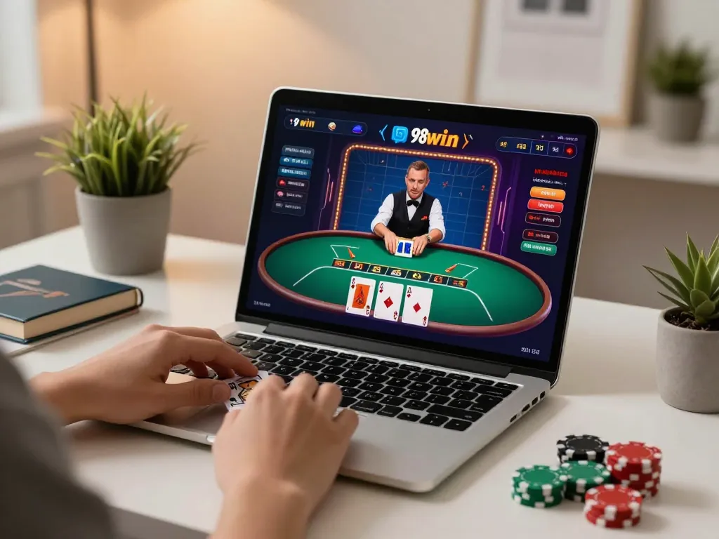 Engaged player using 98win for a live dealer blackjack game in a cozy home setup.