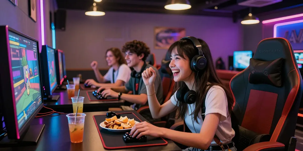 iwin gaming lounge with friends enjoying interactive gameplay, vibrant atmosphere, gourmet snacks.
